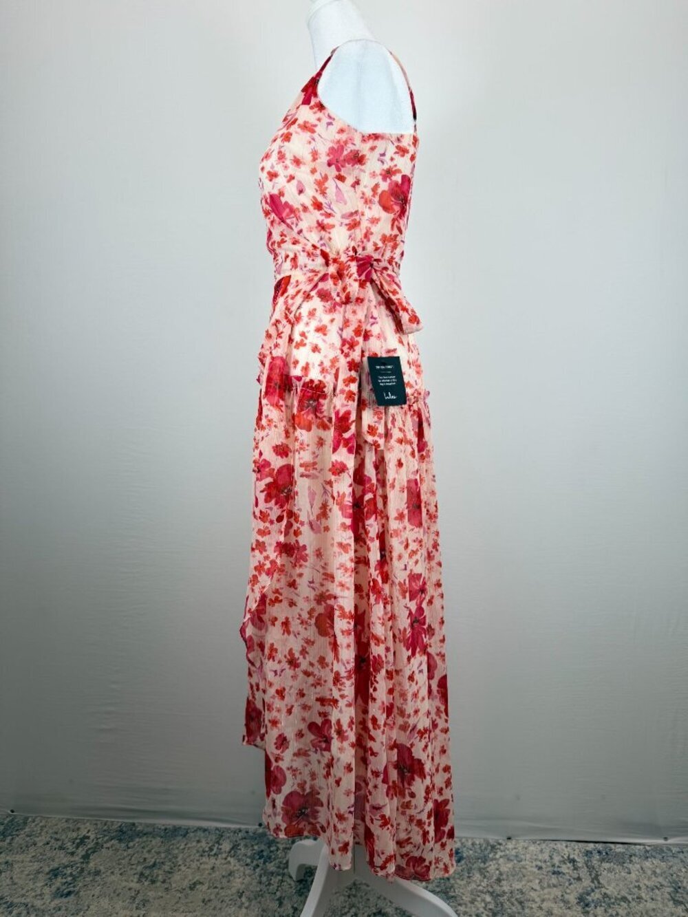 Lulus Womens Size S Pink Floral Wrap Midi Dress Ruffle Sleeveless NWT - Picture 5 of 16